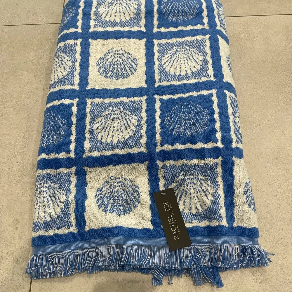 Rachel Zoe Blue and White Seashell Grid Beach Towel with Fringe